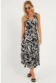Kadın Siyah-Beyaz Desenli Kruvaze Midi Elbise YZ634