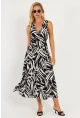 Kadın Siyah-Beyaz Desenli Kruvaze Midi Elbise YZ634