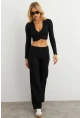 Kadın Siyah Crop Üstlü İkili Pantolon Takım XL10052