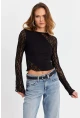 Kadın Siyah Dantel Bloklu Bluz FS9832