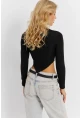 Kadın Siyah Dikişli Crop Bluz CG361