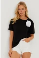 Kadın Siyah Gül Aksesuarlı T-Shirt SF12721