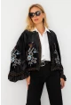 Kadın Siyah İspanyol Kol Nakışlı Kadife Simli Ceket QS5577