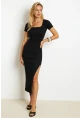 Kadın Siyah Kare Yaka Yırtmaçlı Midi Elbise XL2000