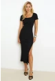 Kadın Siyah Kare Yaka Yırtmaçlı Midi Elbise XL2000