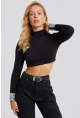 Kadın Siyah Kolları Taşlı Crop Bluz MEN2023