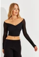 Kadın Siyah Kolları Tül Crop Bluz CG315