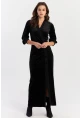 Kadın Siyah Kruvaze Büzgülü Kadife Maxi Elbise ALO1007-9