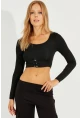 Kadın Siyah Kuşgözlü Crop Bluz CG299