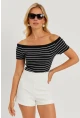 Kadın Siyah Madonna Yaka Çizgili Kaşkorse Bluz AYD311