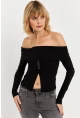 Kadın Siyah Madonna Yaka Yırtmaçlı Crop Bluz ELT4034
