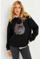 Kadın Siyah Nakışlı Sweatshirt YLE20
