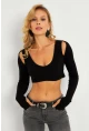 Kadın Siyah Omuzları Pencereli Kaşkorse Crop Bluz B5024