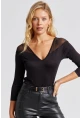 Kadın Siyah Ön Arka V Tül Detaylı Bluz Yİ2502