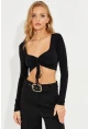 Kadın Siyah Önü Büzgülü Crop Bluz B3015