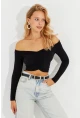 Kadın Siyah Önü Büzgülü V Yaka Crop Bluz B1977