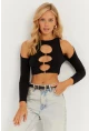 Kadın Siyah Önü Halkalı Crop Bluz MEN2038