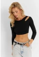 Kadın Siyah Pencereli Crop Bluz CG363