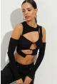 Kadın Siyah Pencereli Kaşkorse Crop Bluz B2403