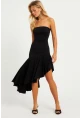Kadın Siyah Straplez Asimetrik Midi Elbise DMR337