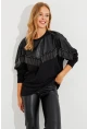 Kadın Siyah Suni Deri Bloklu Sweatshirt PKA806