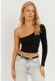 Kadın Siyah Tek Omuz Crop Bluz CY445