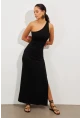 Kadın Siyah Tek Omuz Yırtmaçlı Maxi Elbise EY2498