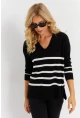 Kadın Siyah V Yaka Çizgili Triko Kazak YİL550