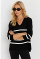 Kadın Siyah V Yaka Çizgili Triko Kazak YİL550