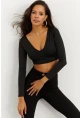 Kadın Siyah V Yaka Crop Bluz CG265