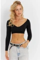 Kadın Siyah V Yaka Crop Bluz CG368
