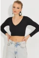 Kadın Siyah V Yaka Crop Bluz LPP1241