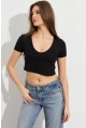 Kadın Siyah V Yaka Crop Bluz TOP101