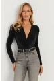 Kadın Siyah Vatkalı Kruvaze Çıtçıtlı Bodysuit GÇ151