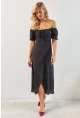 Kadın Siyah Yırtmaçlı Desenli Midi Elbise KED0243