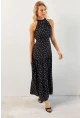 Kadın Siyah Yırtmaçlı Puantiyeli Midi Elbise KED4233