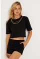 Kadın Siyah Zincir Aksesuarlı Kısa T-Shirt HT109