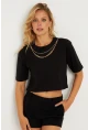 Kadın Siyah Zincir Aksesuarlı Kısa T-Shirt HT109