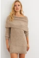 Kadın Sütlü Kahve Madonna Yaka Triko Tunik Elbise KAZ36