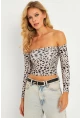 Kadın Taş Leopar Desenli Crop Bluz CG378