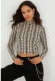 Kadın Taş Yarım Balıkçı Zebra Desen Bluz LPP1133