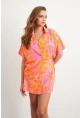 Kadın Turuncu Desenli Gömlek Şort Takım Q1007