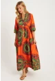 Kadın Turuncu-Yeşil Desenli Midi Elbise MGÇ169