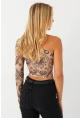 Kadın Vanilya-Siyah Tek Omuz Desenli Crop Bluz LİK14