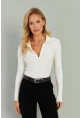 Kadın Beyaz Polo Yaka Fitilli Bluz TH1104