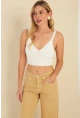 Kadın Beyaz Triko Crop Bluz KZ2507