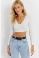 Kadın Beyaz V Yaka Crop Bluz CG368