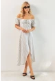 Kadın Beyaz Yırtmaçlı Desenli Midi Elbise KED0243