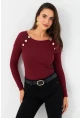 Kadın Bordo Düğme Aksesuarlı Kaşkorse Bluz EY2945