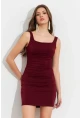 Kadın Bordo Kare Yaka Büzgülü Mini Elbise FRY2308